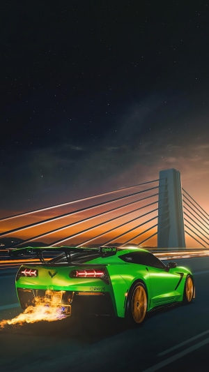 Green Chevrolet Corvette with flames on bridge at night 4K
