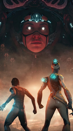 Warframe characters facing a giant face in the sky