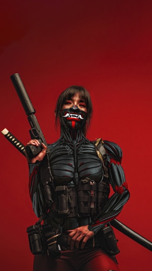 Cyberpunk warrior with mask and gun