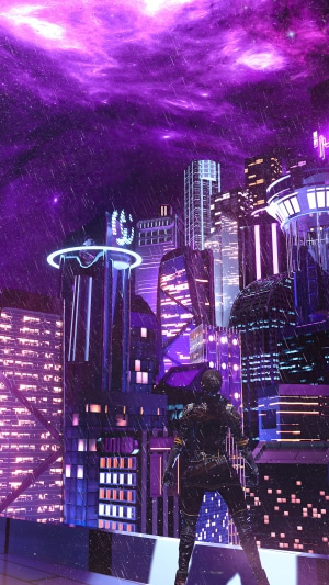 Sci-fi artwork of a figure overlooking a futuristic city at night