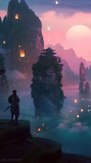 Samurai overlooking a misty mountain landscape with lanterns