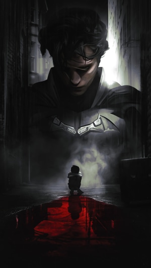 The Batman in a dark alleyway