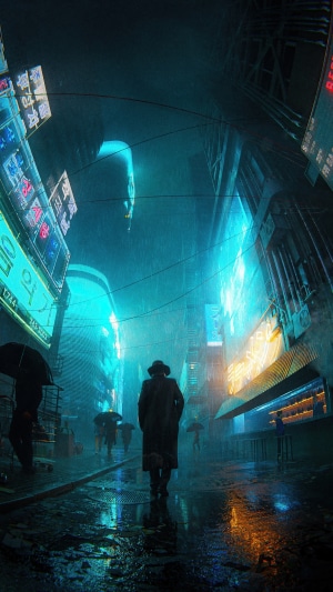 Cyberpunk city street at night with neon lights