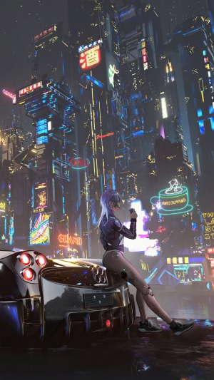 Cyberpunk girl sitting on a car in a neon city