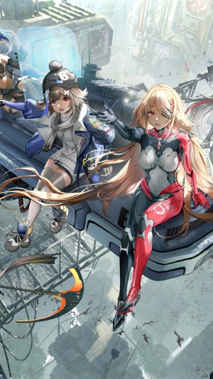 Two anime girls sitting on a futuristic structure