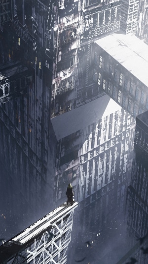 Digital art of a lone figure on a futuristic cityscape