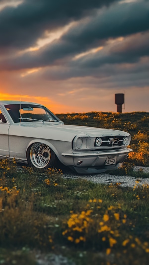 White Ford Mustang in a field at sunset