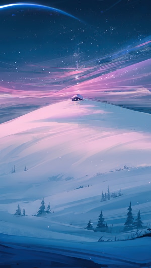 Digital art of a snowy landscape with a house under a starry sky