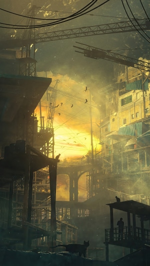 Digital art of a dystopian city under construction