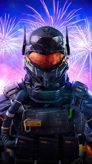 Soldier in futuristic armor with fireworks