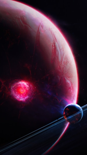 Digital art of a red planet and a ringed planet