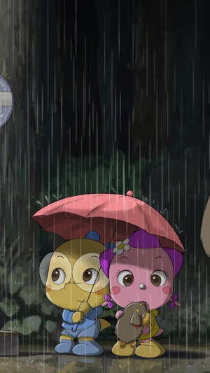 Two cartoon characters under an umbrella in the rain