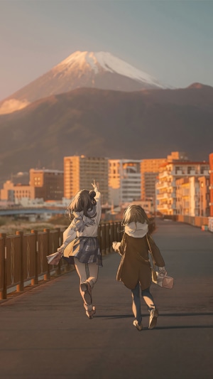 Anime girls walking towards Mount Fuji