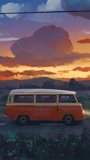 Van driving at sunset, digital art