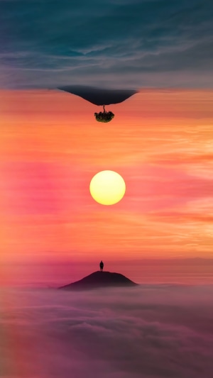 Surreal landscape with inverted sky and floating islands