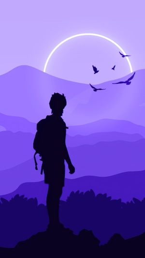 Silhouette of a hiker against a purple mountain landscape