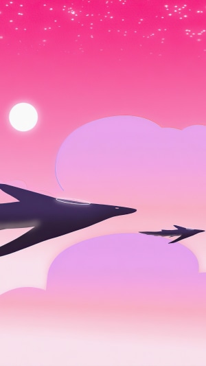 Two futuristic aircraft flying through pink clouds
