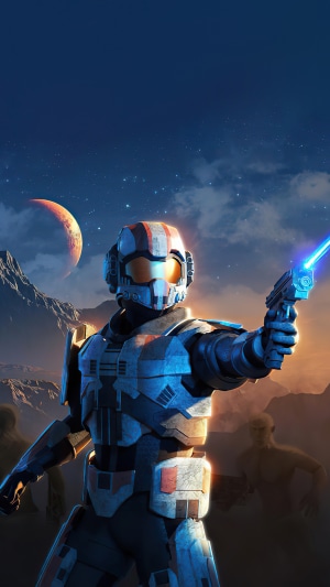 Sci-fi soldier with a gun on an alien planet