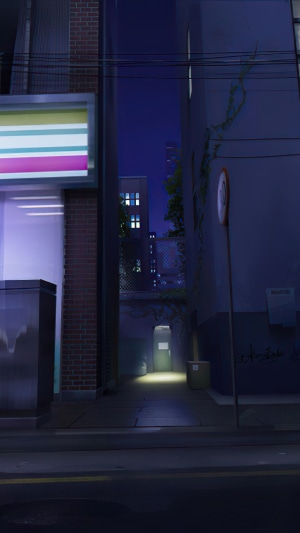 Anime alleyway at night with a convenience store