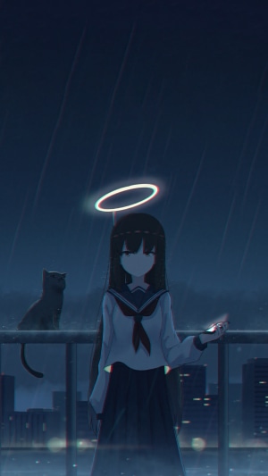 Anime girl with halo and cat in rain