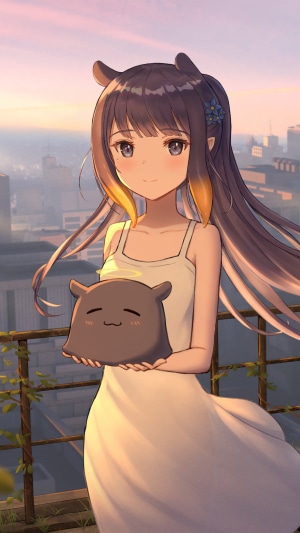 Anime girl holding a small creature on a balcony