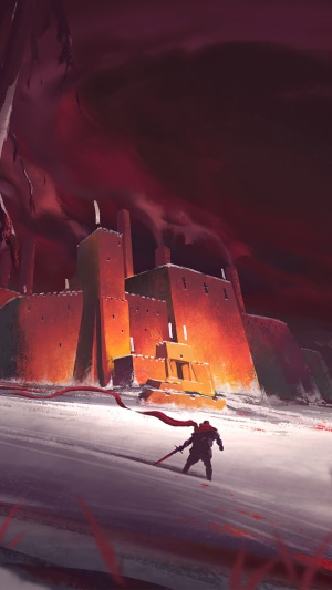 Knight with Red Scarf in Snowy Landscape Before Fortress
