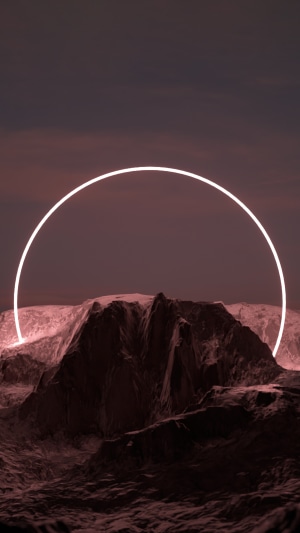 Digital art of mountains with a neon circle