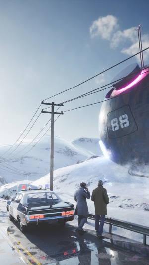 Two men and a police car near a UFO