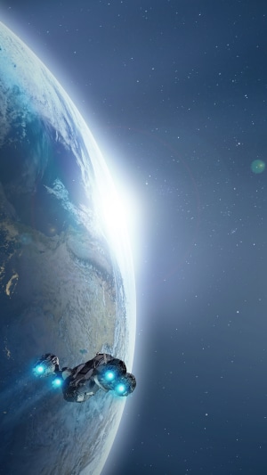Spaceship near Earth with sunrise in space 4K