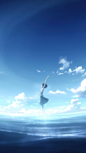 Anime girl dancing in the sky over the ocean