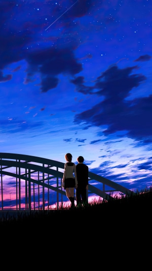 Anime couple on a bridge at sunset