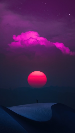 Digital art of a lone figure in a desert at sunset