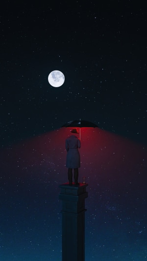 Person with umbrella under moon and stars