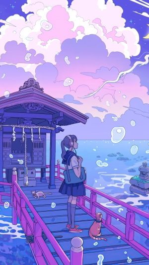 Anime girl with headphones and cats on a bridge