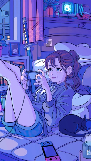 Anime girl playing video games with a cat