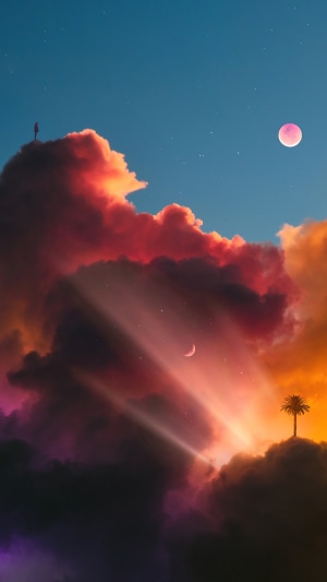 Person on clouds with colorful sky and moons