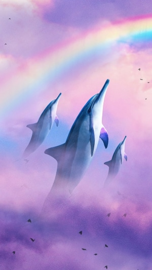 Dolphins jumping through clouds with rainbow and birds 4K