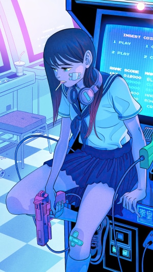 Anime girl with headphones and gun at arcade