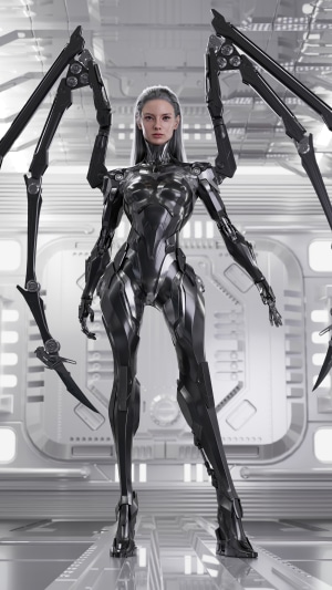 Female cyborg with mechanical arms in futuristic setting