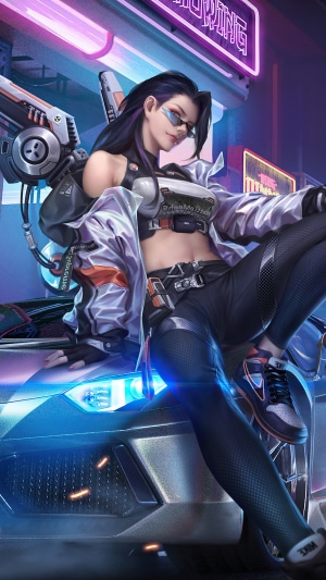 Cyberpunk woman with gun sitting on a car