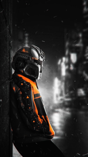 Robot with orange accents in a dark city
