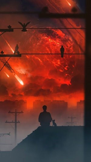 Silhouette of a person and dog on a rooftop with a fiery planet