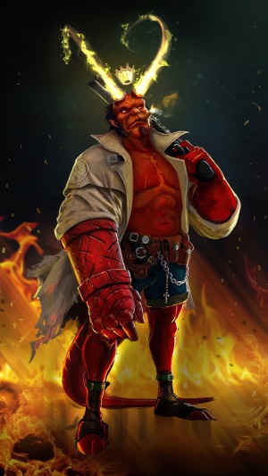 Hellboy with flaming horns and gun