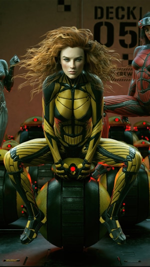 Woman in yellow and black sci-fi suit sitting on a bomb