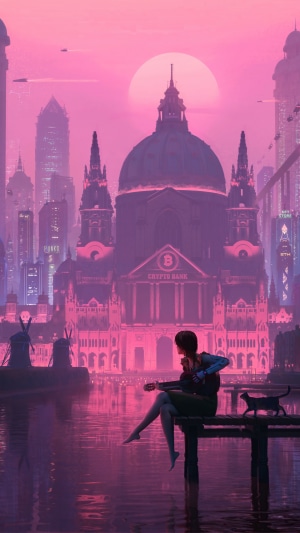 Synthwave artwork of a girl playing guitar by a crypto bank