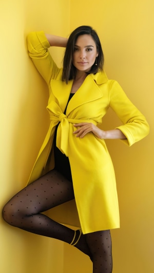 Gal Gadot in yellow coat and polka dot tights