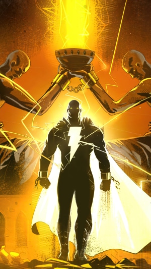 Black Adam with glowing chalice and chained figures