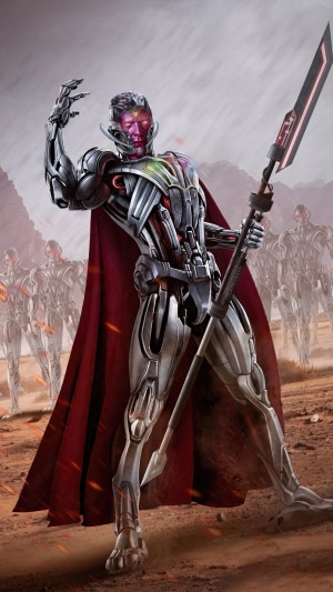 Ultron from Marvel with a cape and spear