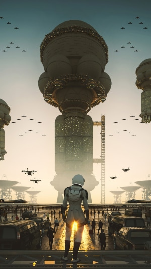 Astronaut in a futuristic city with drones and towers