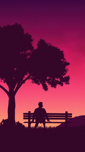 Silhouette of a man sitting on a bench under a tree at sunset